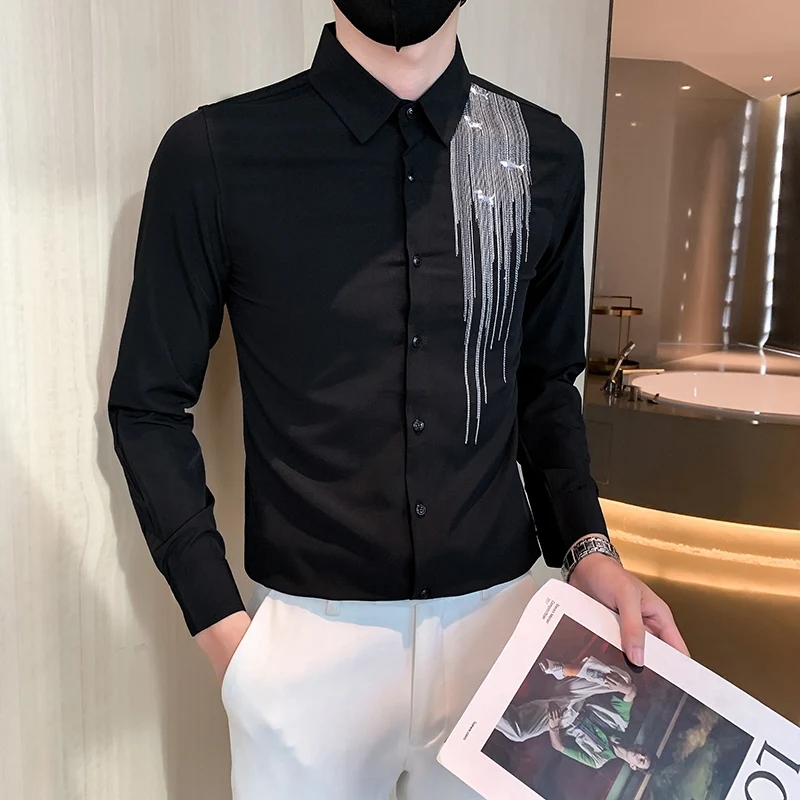 HighEndEmbroideryMensFashionsShirtsAutumnTurndownCollarLong