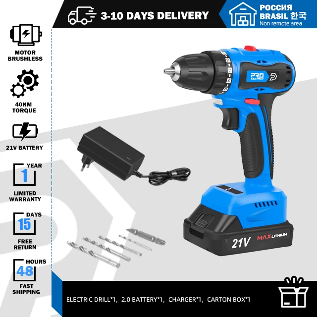  40NM Brushless Mini Electric Drill Screwdriver Cordless 21V 2000mAh Battery Electric Screwdriver 5 Bits By PROSTORMER 