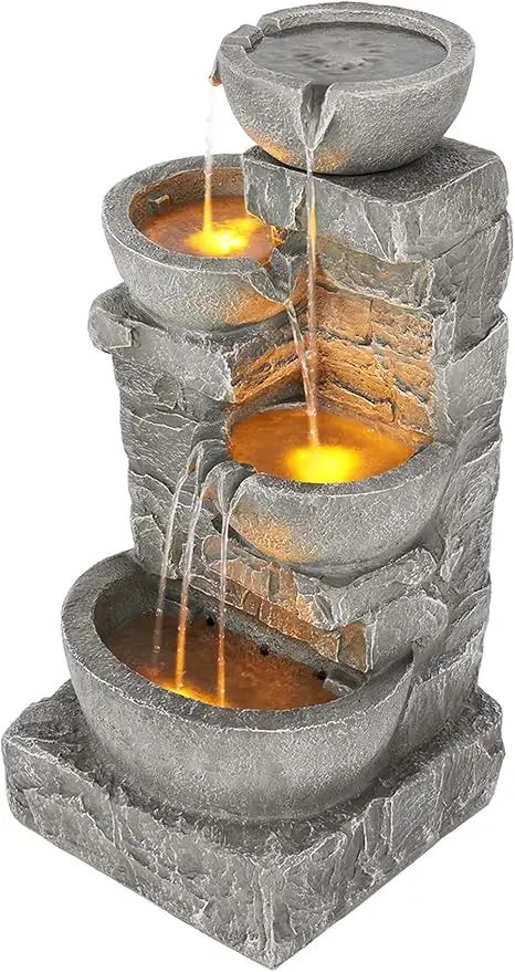 Home 33.25 in. Cascading Bowls and Stacked Stones LED Outdoor Water Fountain for Gardens