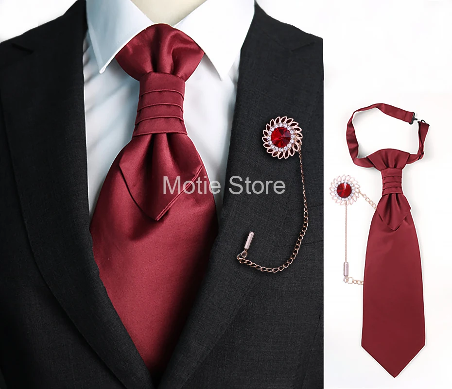 Neuestes Herren-Krawatten-Brosche-Set in einfarbiger Farbe, rot, verstellbare Krawatte, luxuriöse Edelstein-Brosche, klassischer Anzug, Smoking, Bräutigam, Hochzeitsaccessoire – Detail 4