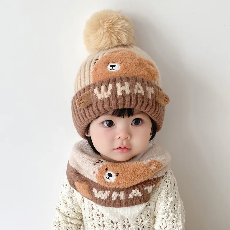Doitbest 2 Pcs Pompom Kids Hat Scarf Set WHAT Letters Knit Warm Child Hats For Boys Girls Bonnet Beanie Winter Children Cap