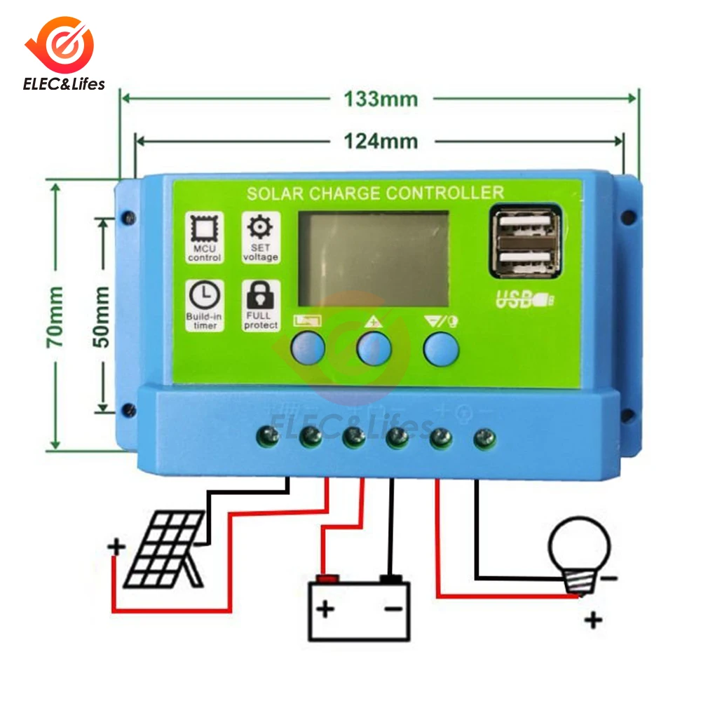 11.1V/12V/24V 10A 20A 30A Regolatore solare universale Regolatore di carica solare fotovoltaico con display LCD Doppia porta USB - immagine 5