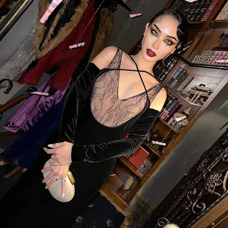 Women's Gothic Long Dress Fall Lace Splicing V Neck Off Shoulder High Waist Slimming Dress Party Club Outfit