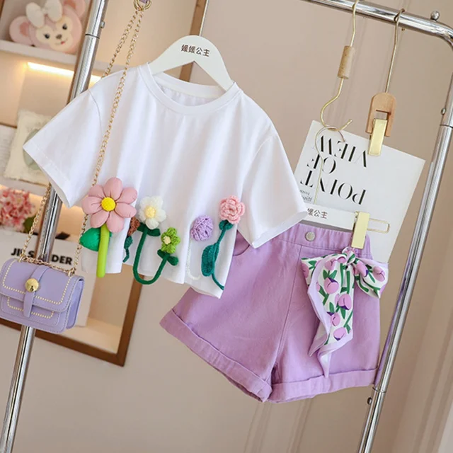 Children’s T-Shirts Three-dimensional Flower Decoration Short Sleeve Kids Clothes for 3 To 13 Years Girls Tshirts