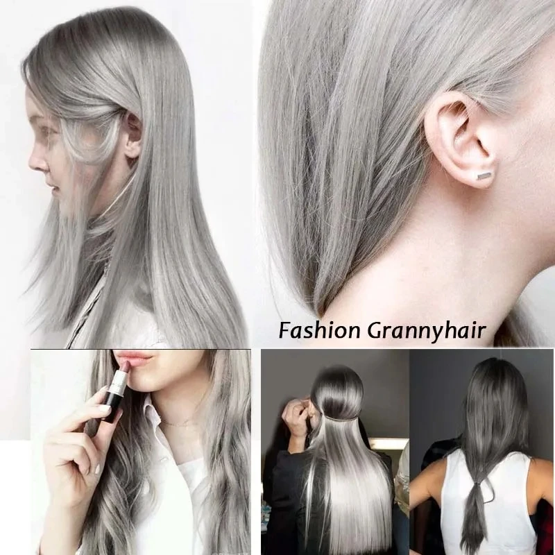 Extension capelli sintetici con clip lunga liscia grigia donna_voghion.com