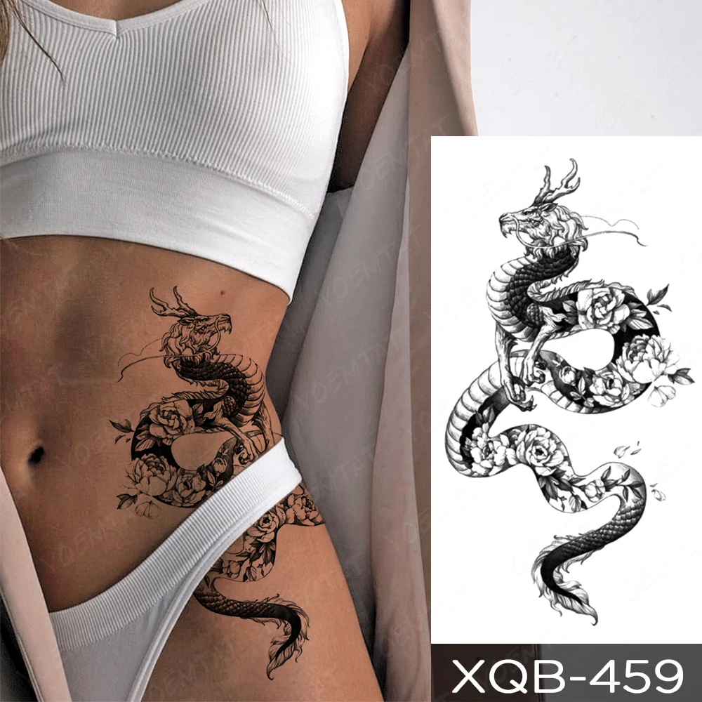 Tatuaje temporal a prueba de agua para mujeres y hombres, tatuaje Sexy japonés negro, dragón, serpiente, brazo trasero, manga, Flash, arte corporal,