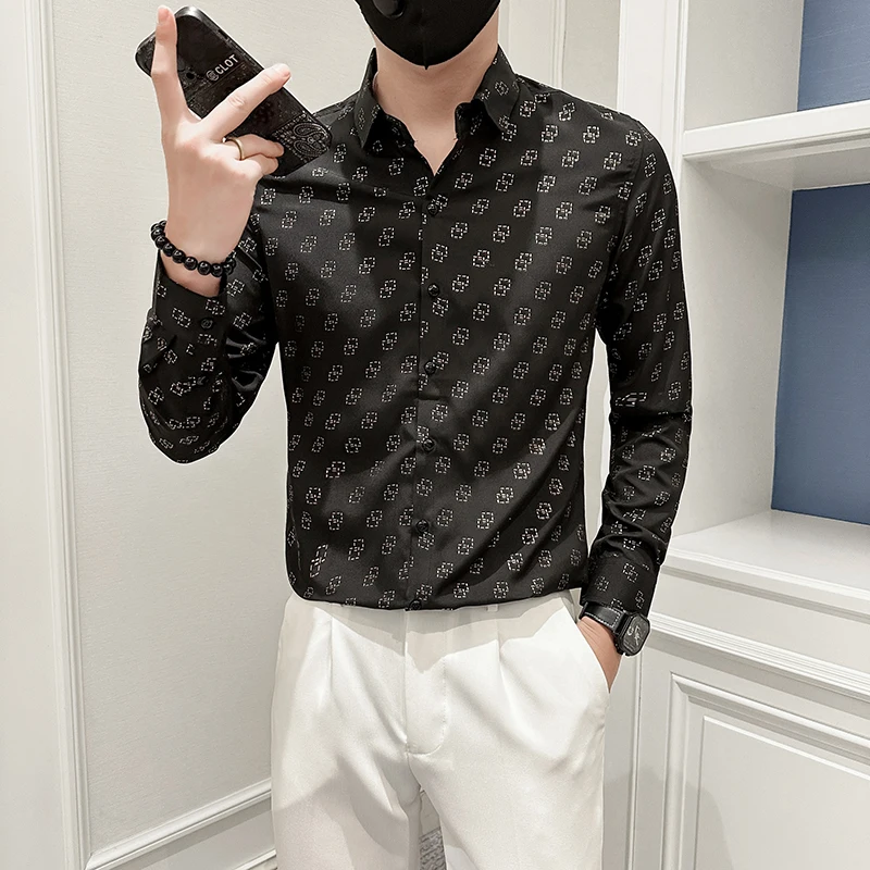 Chemise Homme All Seasons Fashion Print Long Sleeve Social Shirts