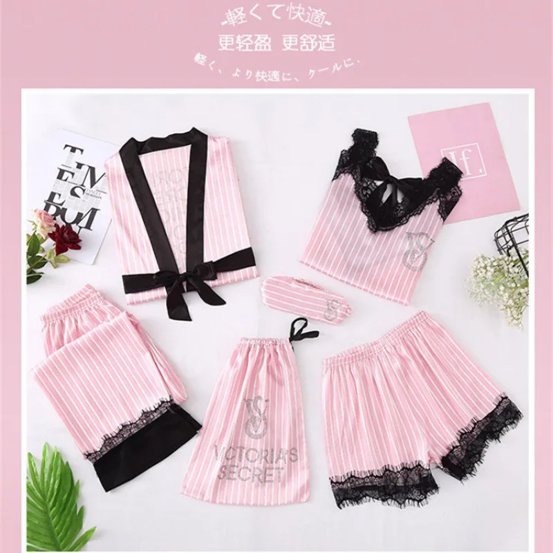 New V Sexy Womens Nightwear Underwear Ice Silk Pajamas Set Robe Lace Trim 4 Piece Homewear Ladies Sleepwear Chemise