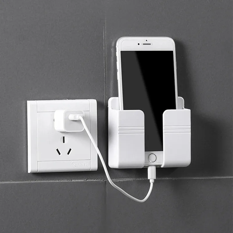 Non punching phone holder remote control storage box bedroom bedside phone charging multifunctional wall mounted storage rack Mobile Phone Charger Rack