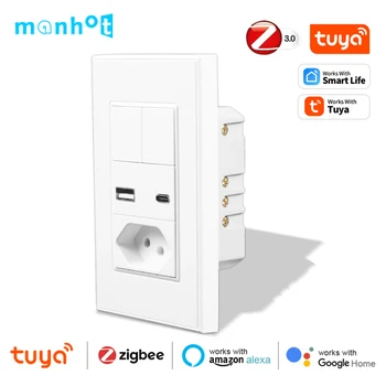 Tuya Smart Life Zigbee Wall Switch &16A Socket Brazil Standard 4X2 Push Buttons Light Switches with USB Type C Alexa Google Home