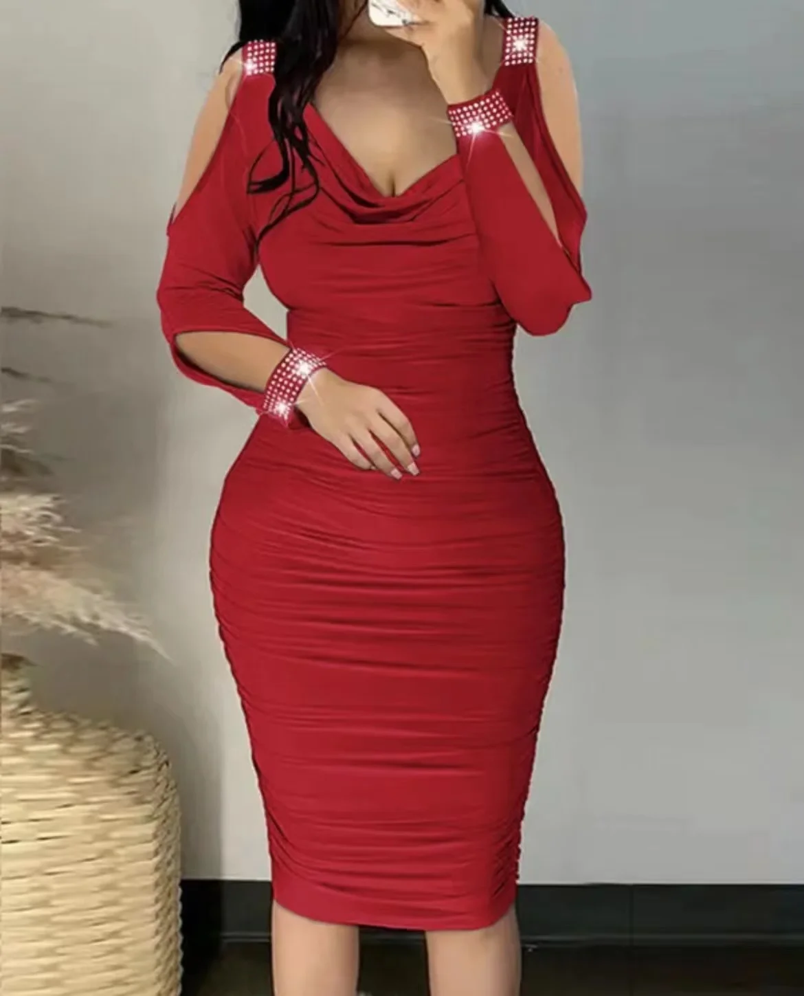 Autumn Sexy Elegant Off Shoulder Party Tight Dress Women Fashion V-Neck  Hollow Out Diamond Long Sleeve Stacked Slim Dress Women - AliExpress