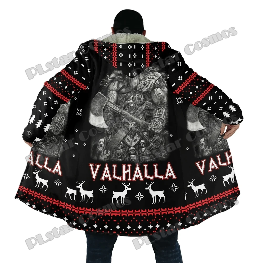 Christmas Style Warrior Valhalla Tattoo 3D Printed Men's Sherpa Hooded Cloak Winter Unisex Casual Thick Warm Cloak Coats PF142