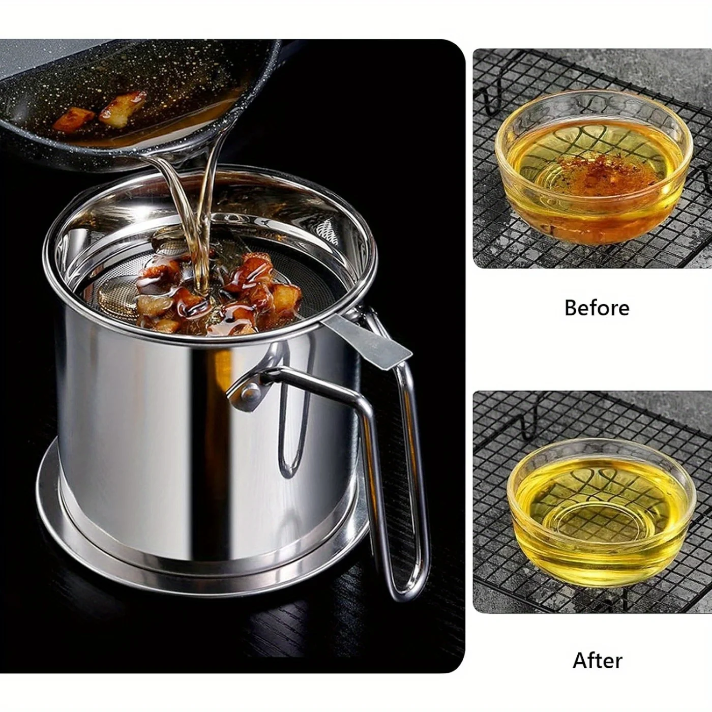Grease Strainer and Container with Dust-Proof Lid 304 Stainless Steel Oil Storage Fine Mesh Anti-scalding Handle with Tray