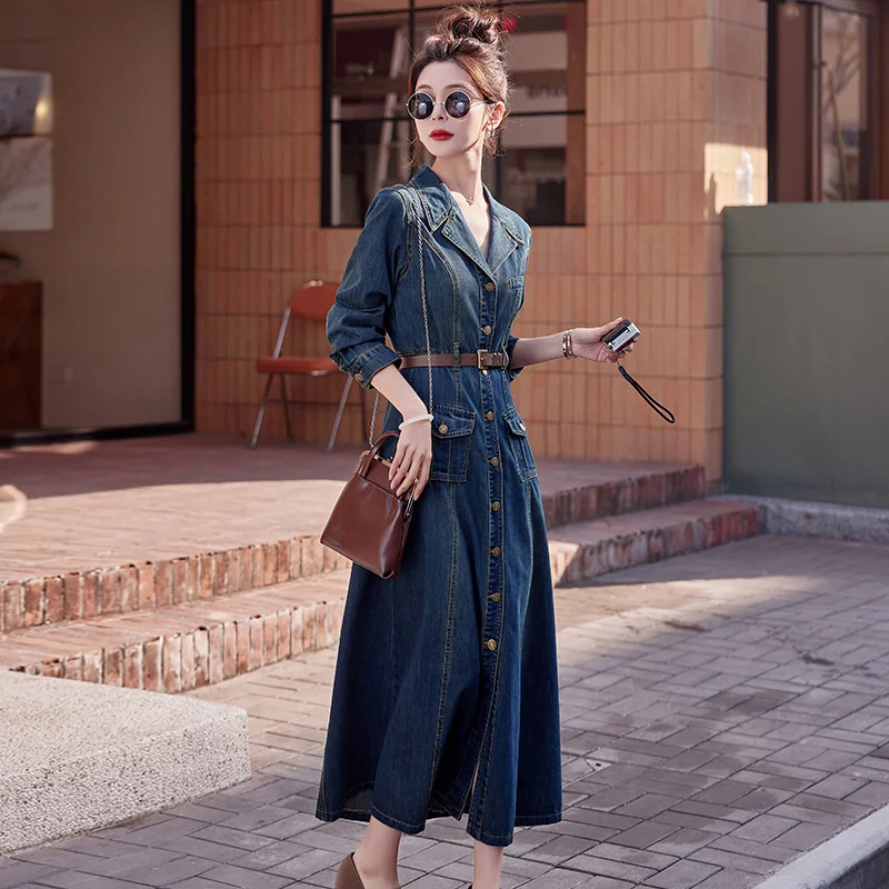 knee length dresses for ladies Tiered Button Up Long Sleeve Denim Dress – Charming Charlie main image 0