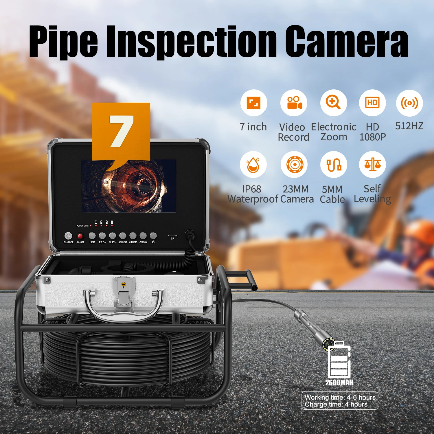 

Sewer Pipe Inspection Camera with 512HZ Pipe Locator Auto Self Leveling DVR Video Endoscope Camera 7" Screen 23mm Tube Lens IP