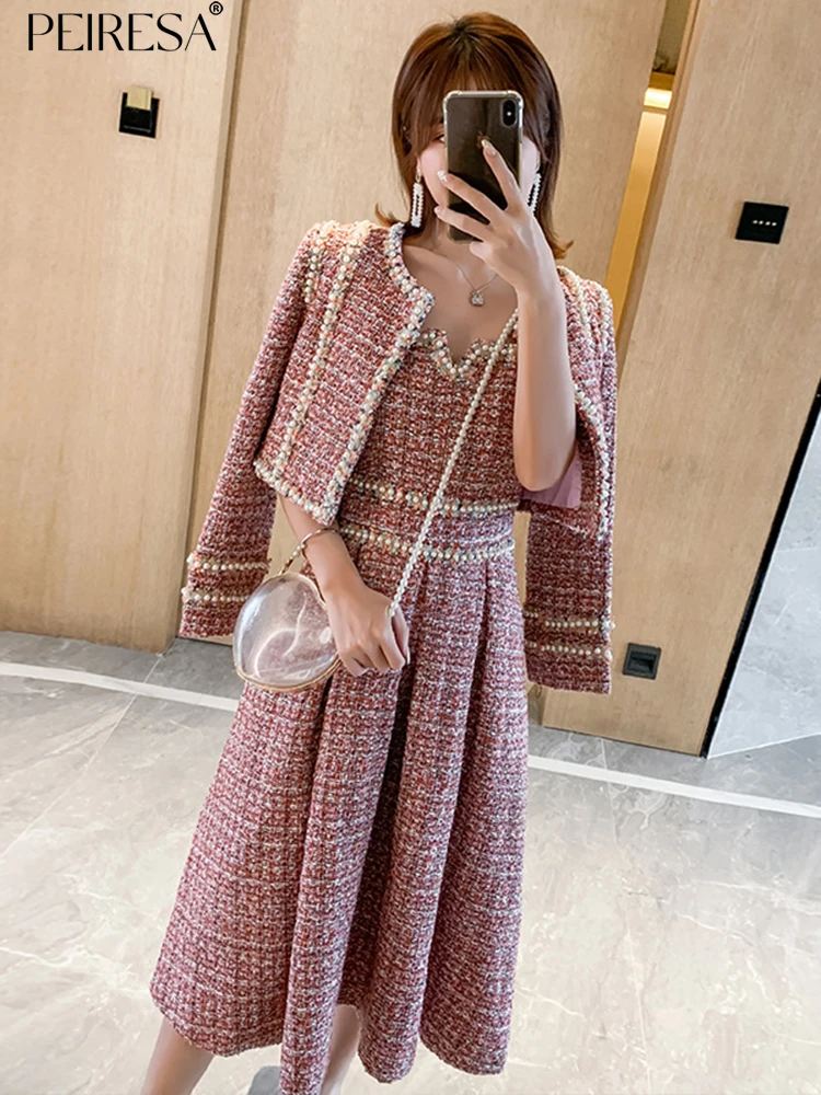 

PEIRESA Celebrity Beading Tweed Dress 2 Piece Set Women V Neck Sleeveless Slim Waist A Line Midi Dresses + Short Jacket Coat