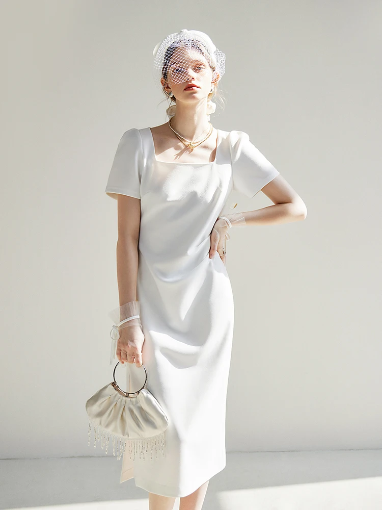 FSLE Square Neck Temperament White Women Short Puff Sleeve Long Spilt Dress Slightly Pleated Design Simple Dress 24FS12041