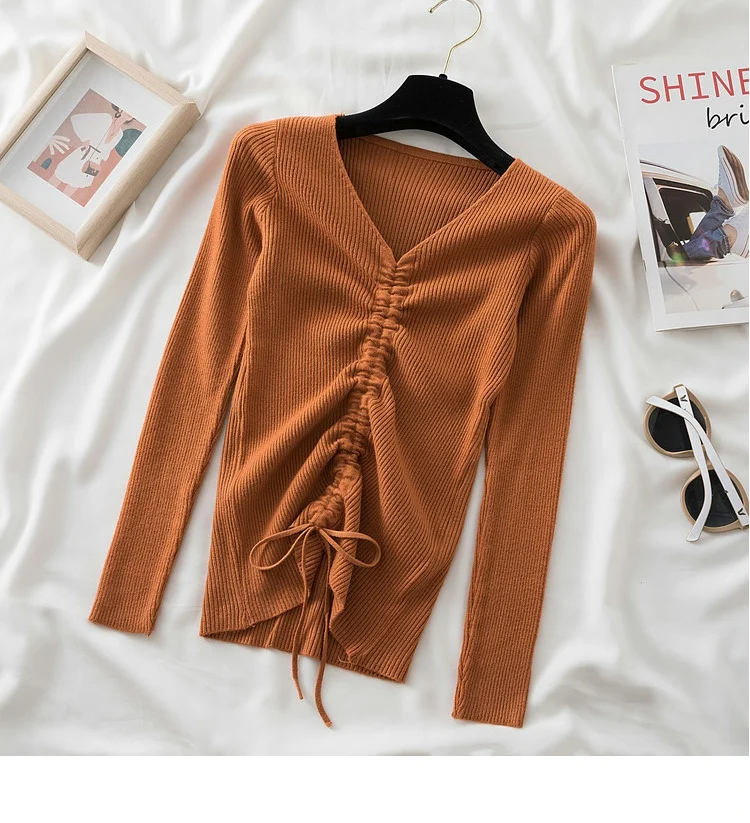 cropped sweater AOSSVIAO Sexy lace up knitting pullover top Fashion autumn winter sweater women Chic 2021 V-neck knit slim jumper pull femme cable knit sweater