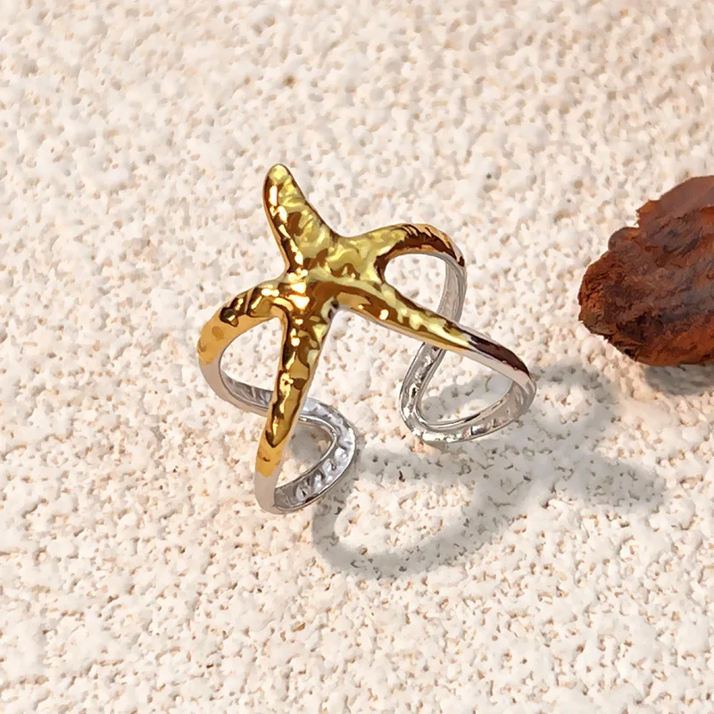 Charm Ocean Series Opening Rings 18K Gold Plated Mini Crab Ribbed Conch Lava Textured Starfish Ring for Women Girls Rust Proof