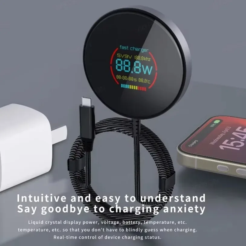 VIKEFON Phone Magnetic Wireless Charger Power&Temperature Display Smart Chargers For Magsafe iPhone 16-12 Pro Max Fast Charging