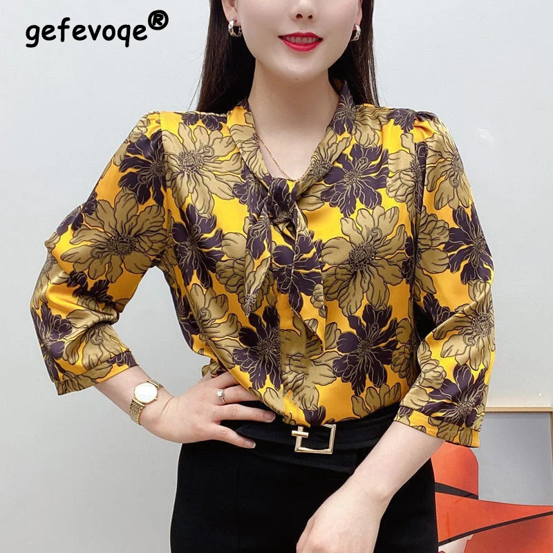 

Spring Summer Loose Casual Printing Bow Oversized Shirt Female Long Sleeve Elegant Fashion All-match Pullover Tops Women Blouse