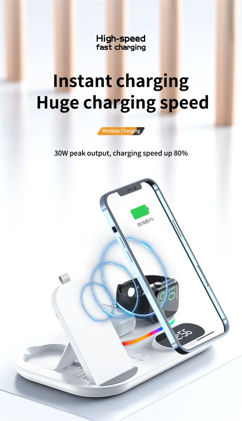 30W 4 In 1 Fast Wireless Charger Stand For iPhone 14 13 12 11 Samsung Apple Watch Airpods Pro Wireless Charging Dock Station