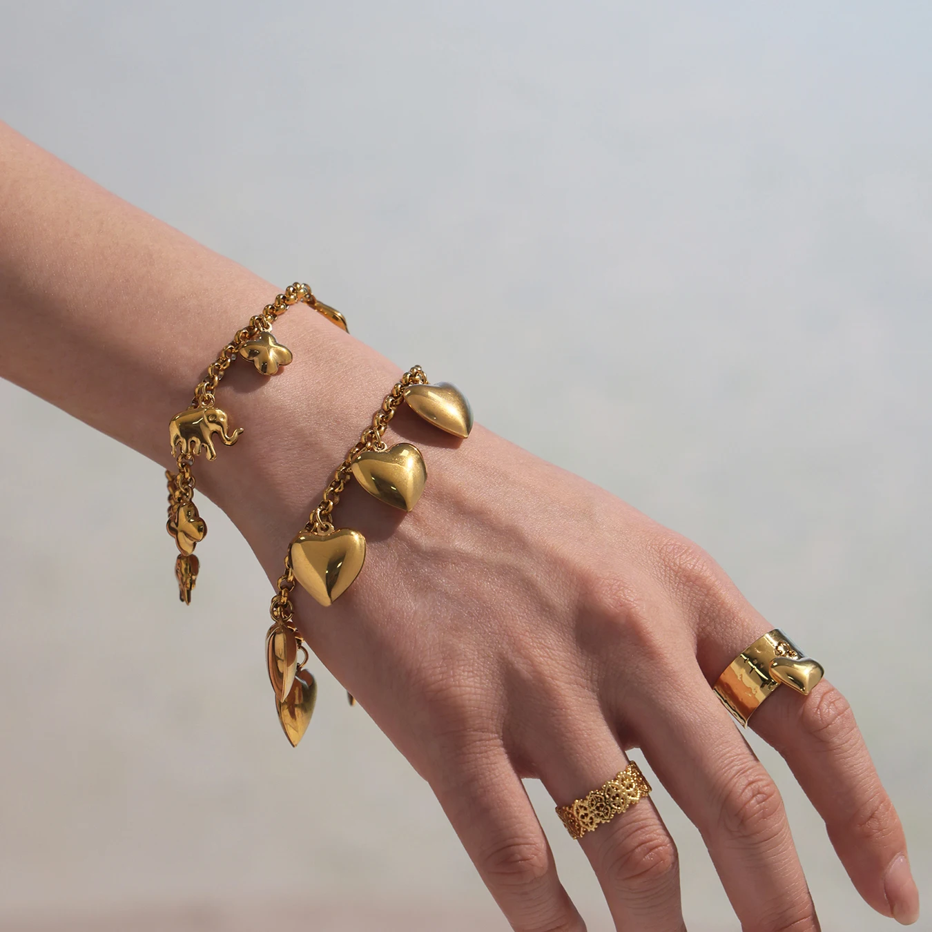 316 Edelstahl Herz-Armband Damenmode Muschel-Elefanten-Anhänger 18K Vergoldetes Handarmband Verblasst Nicht Schmuck – Detail 4