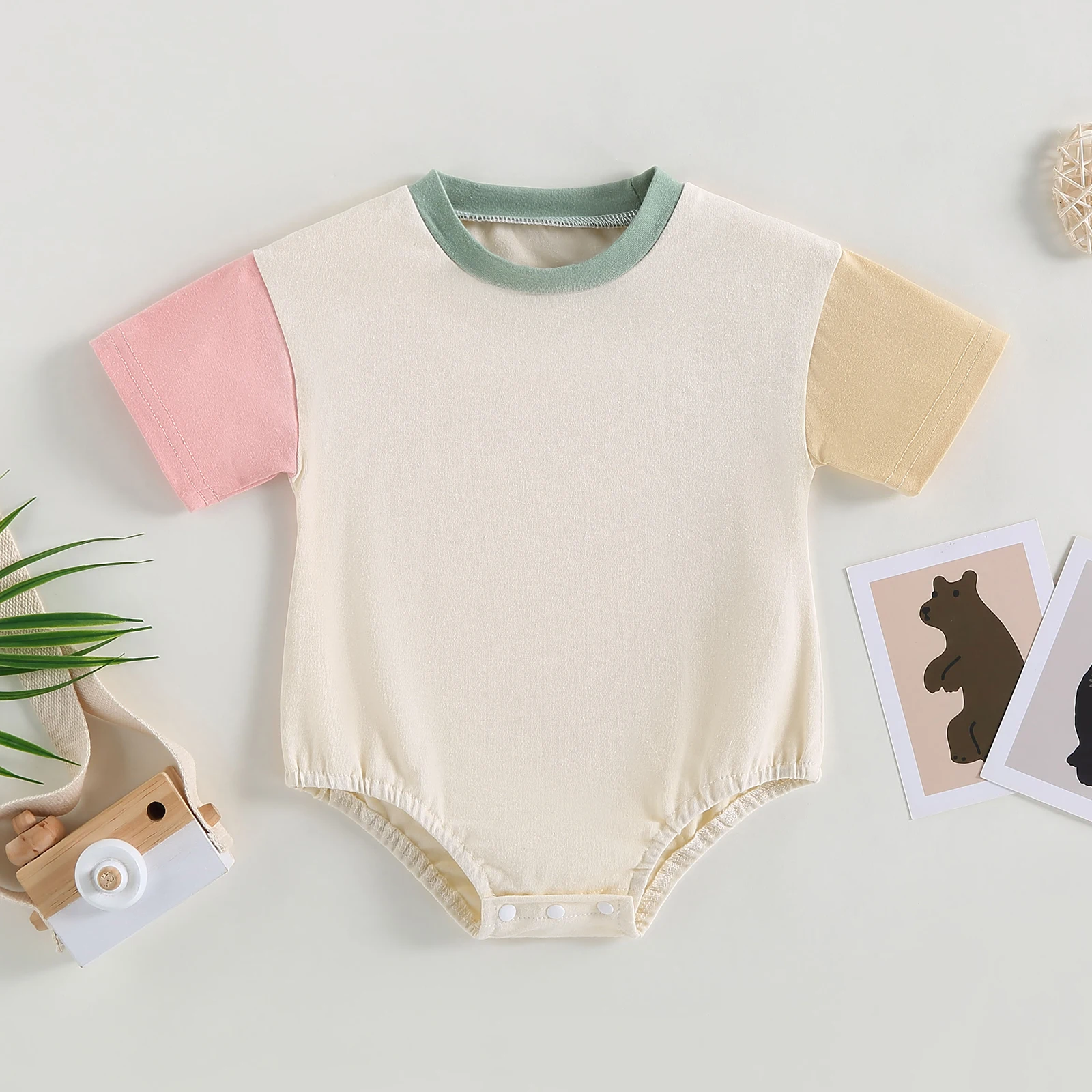 Citgeett Summer Infant Baby Boys Girls Casual Bodysuit Short Sleeve O Neck Contrast Color Playsuit Clothes 6
