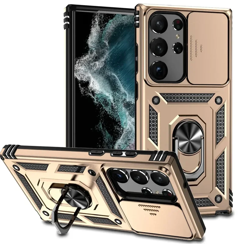 Shockproof Hybrid Dual Layer Magnetic Ring Stand Case with Slide Camera Protection Cover