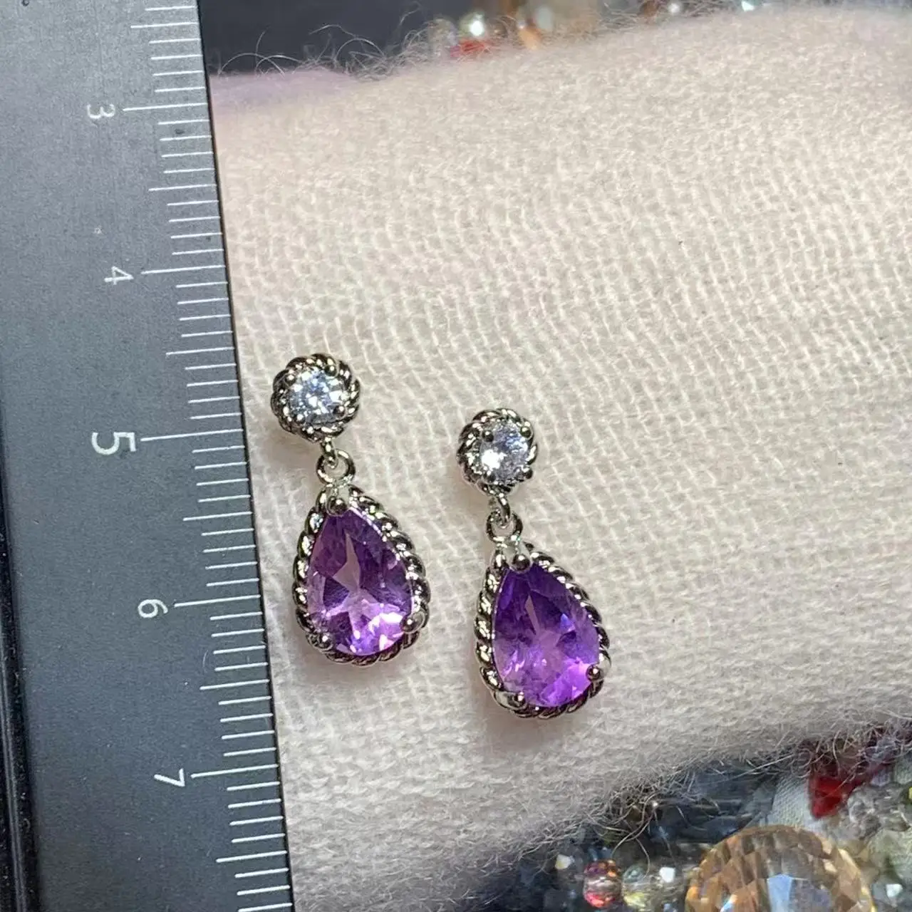 DROP Genuine Natural Amethyst 925 Sterling Silver Stud Earrings for women Jewelry Gift  1.4ct Ocean Blue Topaz Oval Pave CZ