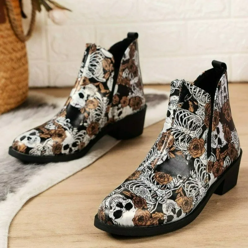 

Vintage Printed Cowboy Boots for Women 2023 Autumn Winter Pu Leather Ankle Boots Woman Slip On Thick Heels