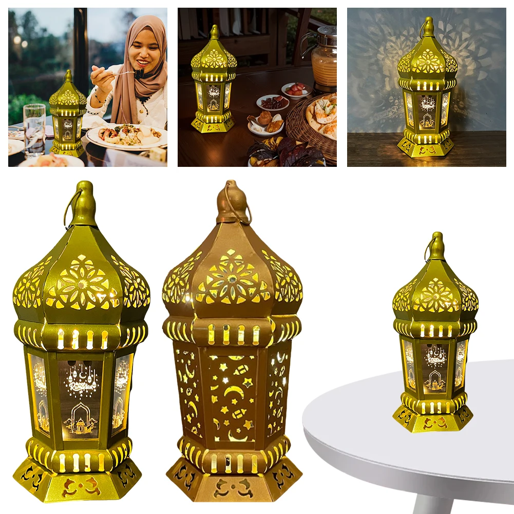 Iron Eid Mubarak Night Light Moroccan Lantern Ramadan Wind Light for Home Eid Mubarak Islamic Muslim Decoration