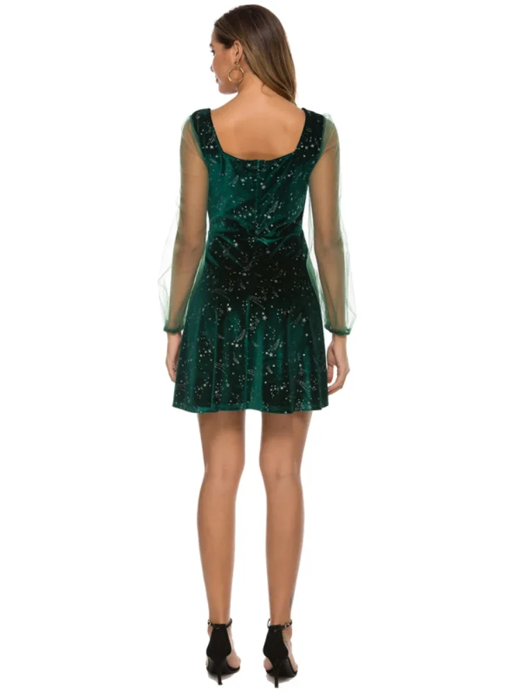 2023 Spring Green Velvet Mini Dress with Sheer Sleeve for Women A Line  Christmas Dress Girls Party Night Skate S M L XL Dresses - AliExpress  200000345