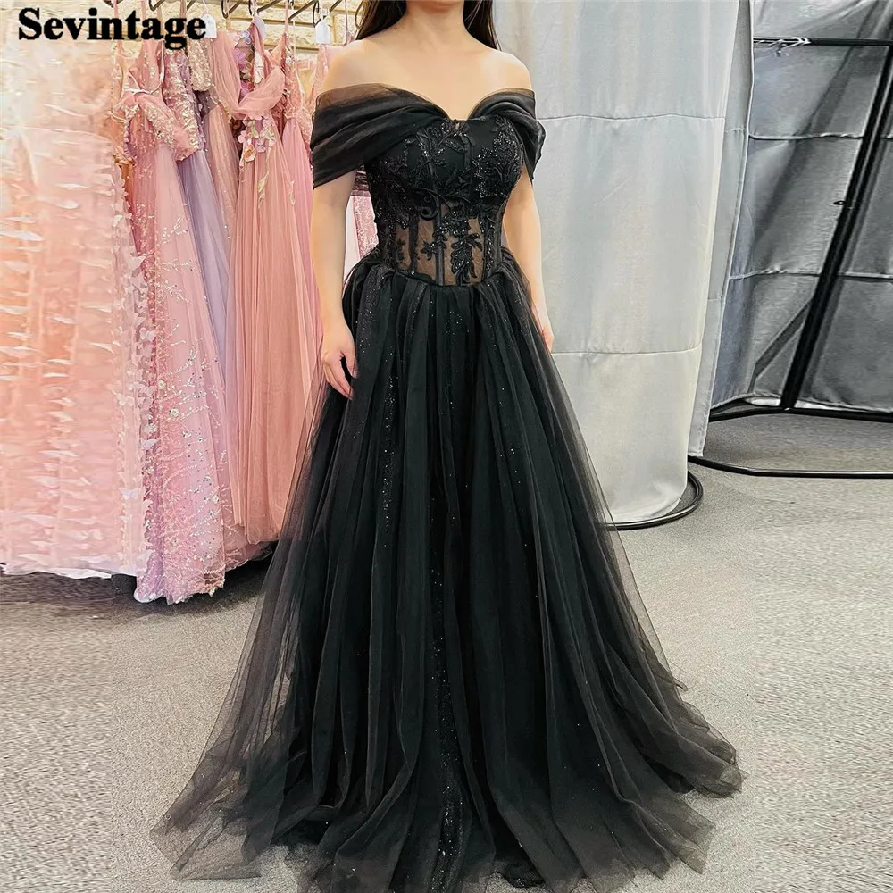 

Sevintage Elegant Black Tulle Prom Dress A-Line Strapless Ruched Floor Length Evening Dress vestido para eventos especiale 2024