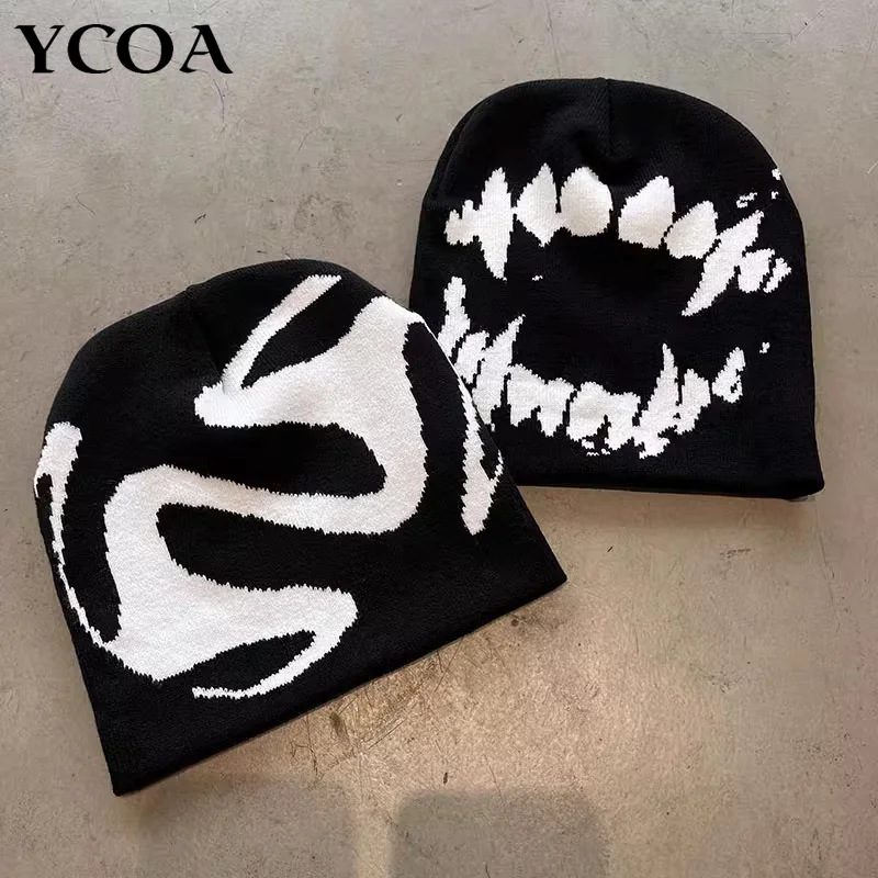Frauen Hut Stricken Mützen Goth Zahn kappen Männer y2k Streetwear Winter mode Pullover Kpop Harajuku Vintage warmen Hip Hop Unisex – Detail 1