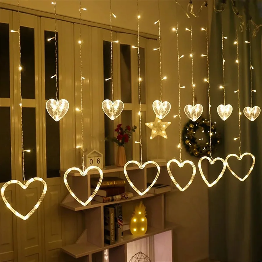

2023 New Year Christmas Fairy String Lights Garland 220V EU Plug Heart Shaped Curtain Lights for Home Party Wedding Decoration