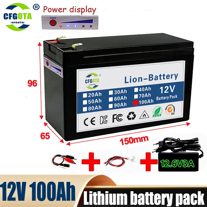 

NEW Sprayers 12V 100Ah Built-In High Current 30A BMS 18650 Lithium Battery Pack For Electric Vehicle Batterie 12.6V Charger