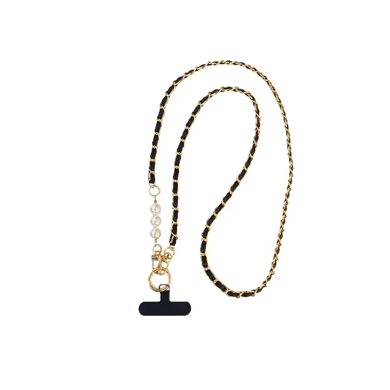 Elegant Pearl Accent Phone Lanyard -Braided Leather&Metal Chain Strap with Universal Phone Case Adapter,Crossbody Bag Decoration