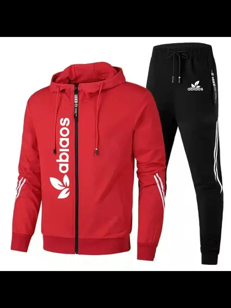 

2024 Spring & Autumn Men's Sports Fitness Set Outdoor Jogging Breathable Jacket Zipper Striped Comfortable Hiking Hoodie + Pants