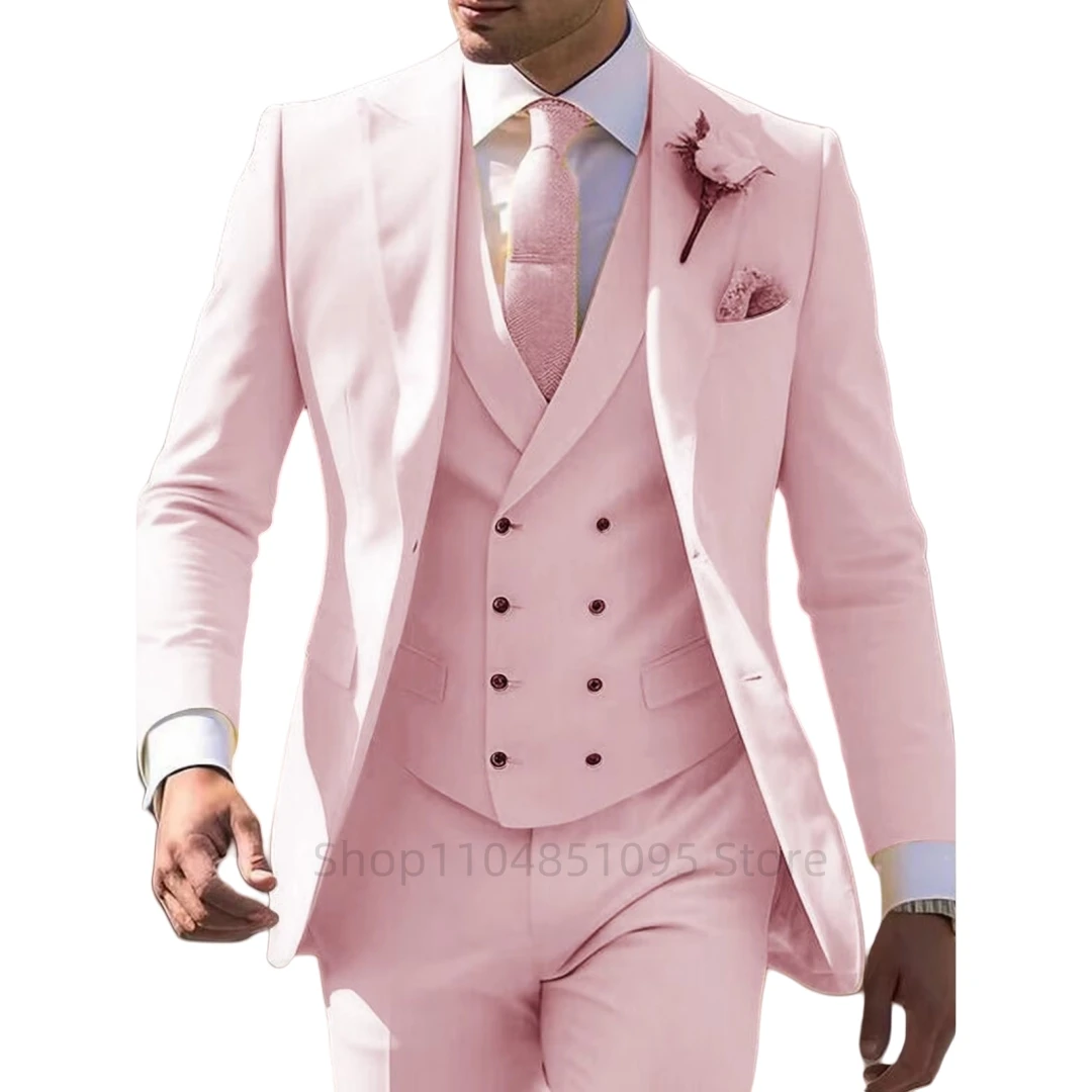 Elegant 3 Piece Pink Men's Suit Slim Fit Fashion Wedding Tuxedo Formal Peak Lapel Blazer Vest Pants for Party Prom Homme Costume