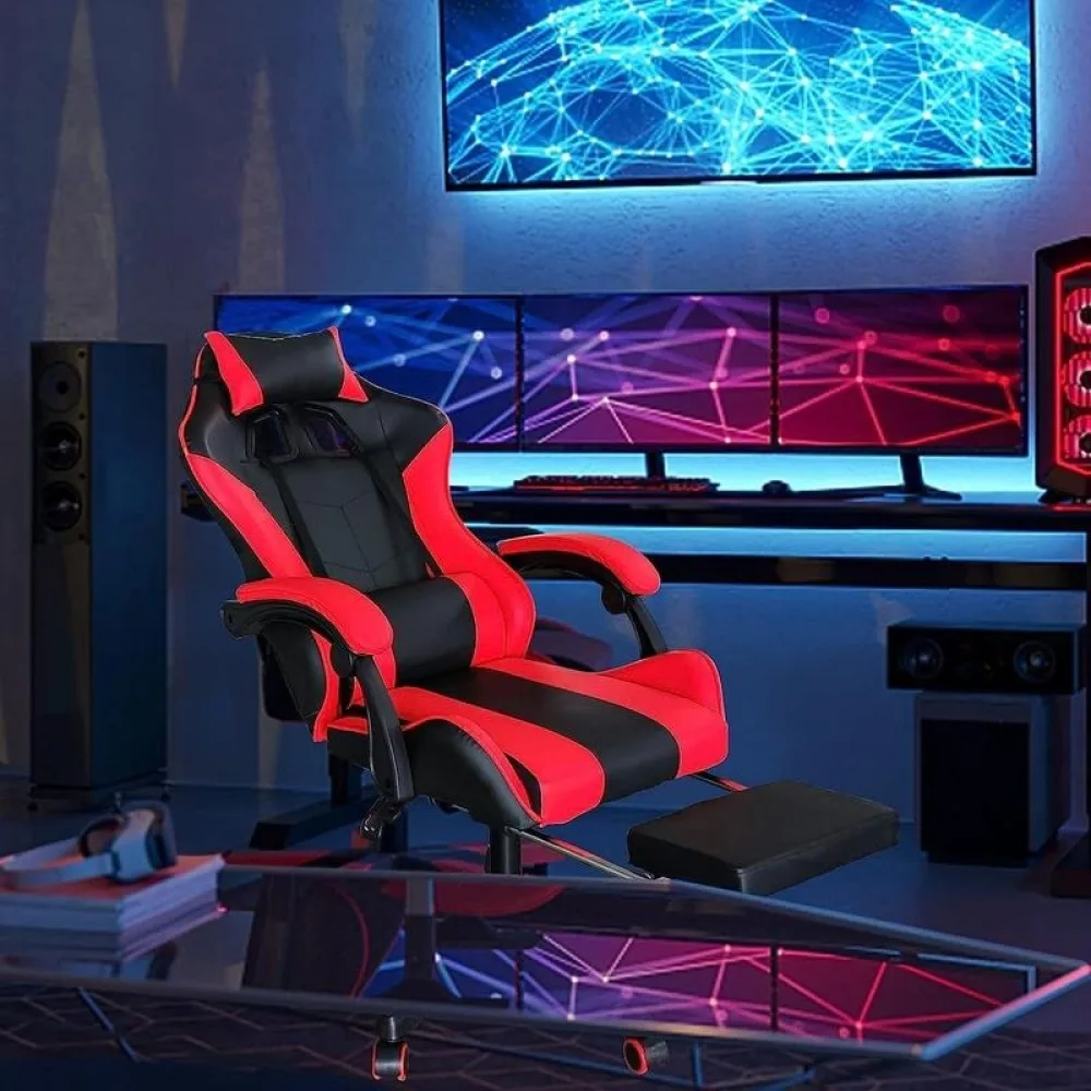 42Computer Racing Chair with Footrest and Lumbar Support, Ergonomic High Back Office Headrest, Executive Swivel Rolling Leather