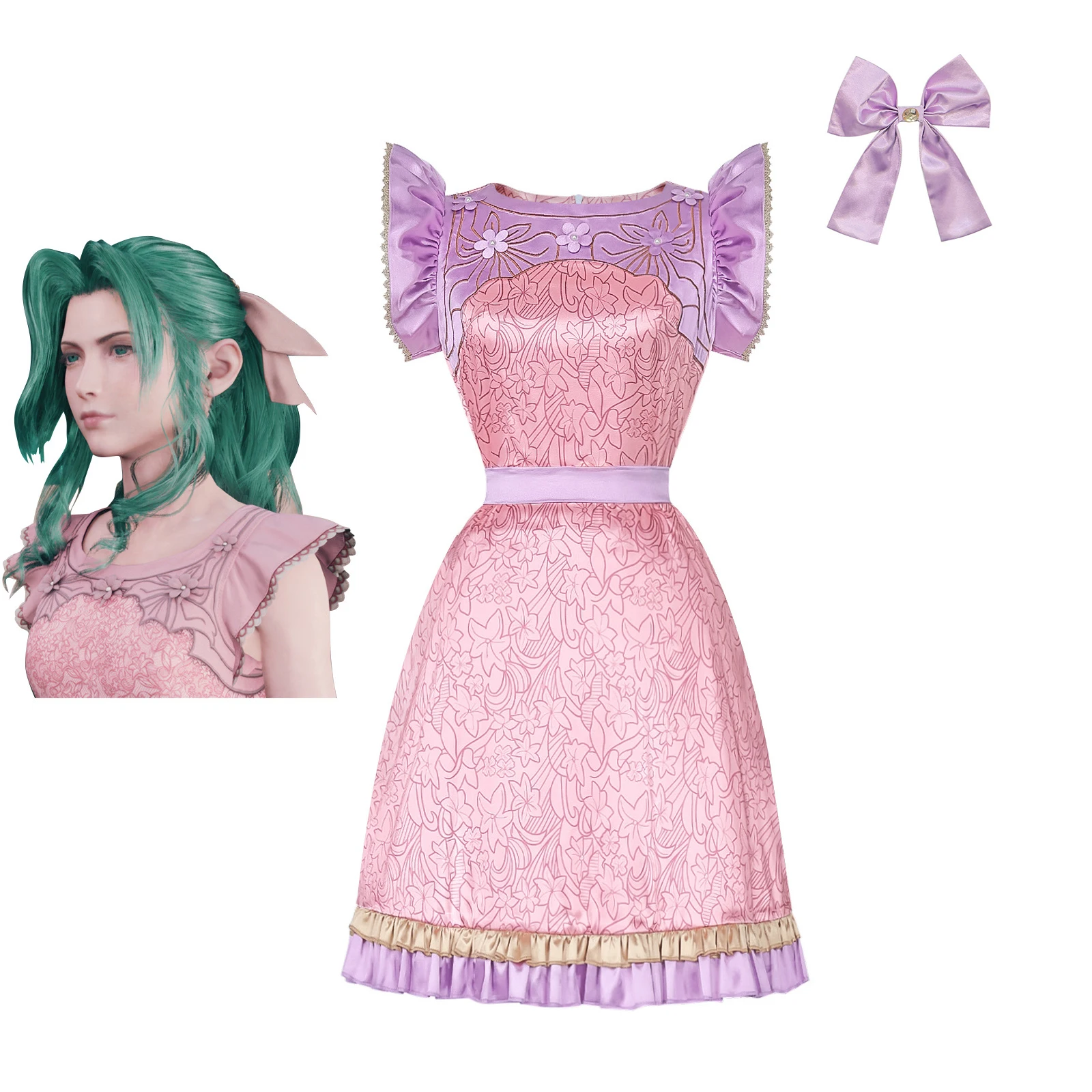 

Game FF7 Aerith Cosplay Pink Dress Women Girls Sweet Fancy Ball Gown Halloween Carnival Party Stage Performance Costume