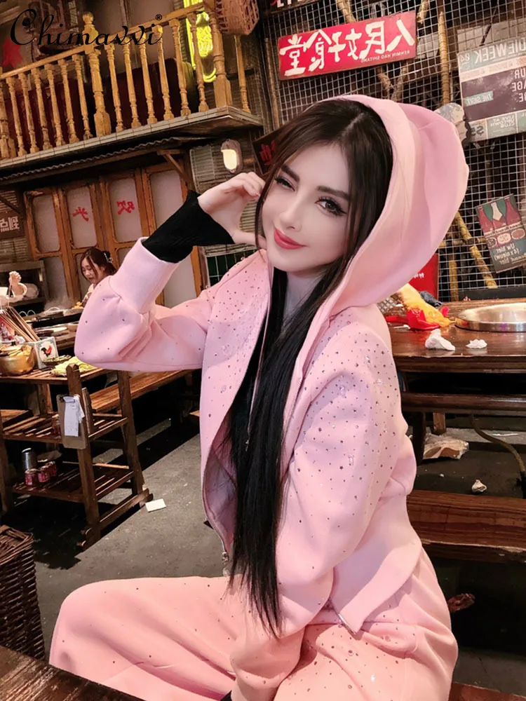 European Hot Drilling Loose Casual Pants Sets Spring New Fashion Hooded Sweatshirts Trousers Sweet Elegant Ladies Two-Piece Set