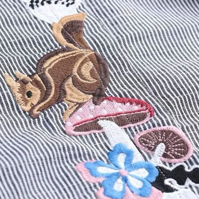 스트라이프 패션 긴 소매 자수 블라우스 봄 여름 새로운 캐주얼 모든 경기 미디 한국어 폴로 넥 셔츠 여성 의류