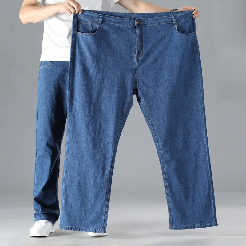 

Plus Size Jeans Men Loose Straight Spring Summer Thin High Waist Trousers 52 50 56 Pants