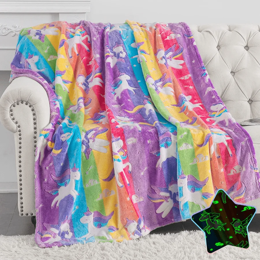 1pc Glow in The Dark Unicorn Blanket for Girls – Soft Pink Fleece