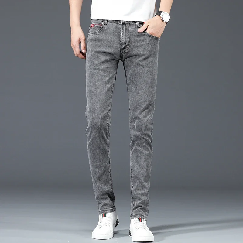 2024 New Men's Cotton Business Casual Skinny Jeans Trendy Fashionable Stretch Straight Slim Denim Trousers Male Blue Grey 5