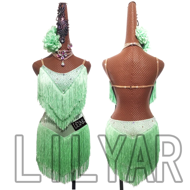 Latin Dance Dress Competition Costumes Skirt Performing Rhinestones Adult...