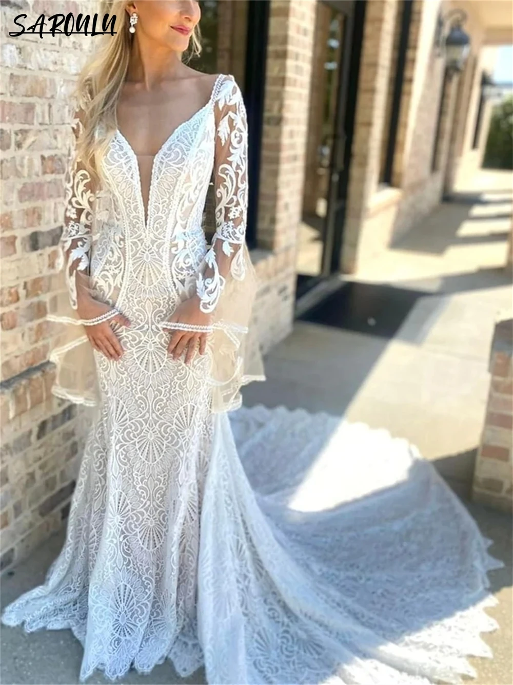 

Romantic Lace Wedding Dress Long Sleeve Deep V-neck Bride Dresses Mermaid Court Train Gown Vestidos De Novia Robe De Mariée