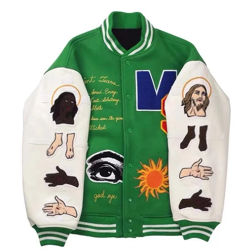 Brand Green Baseball Jackets Men Embroidery Patchwork Letter College